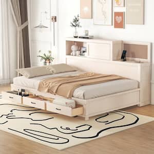 White Wood Full Size Daybed with Storage Shelves, 3-Drawers, Cork Board, USB Ports, Slide-Door Compartment