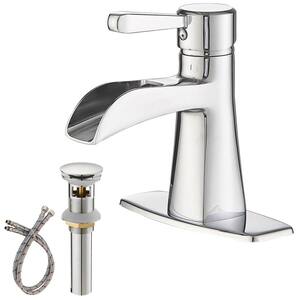 Single Handle Single Hole Bathroom Faucet with Pop-Up Drain Brass Waterfall Bathroom Basin Taps in Polished Chrome