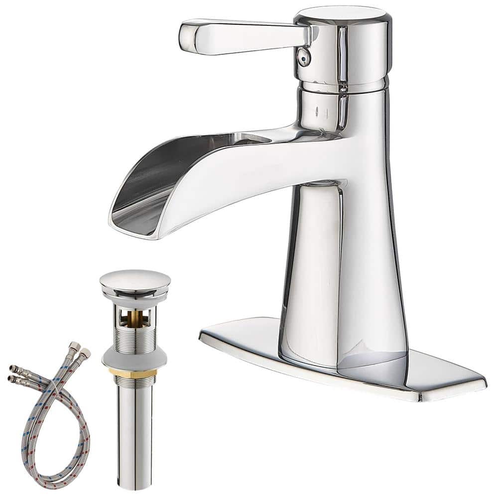 Single Handle Single Hole Bathroom Faucet with Pop-Up Drain Brass Waterfall