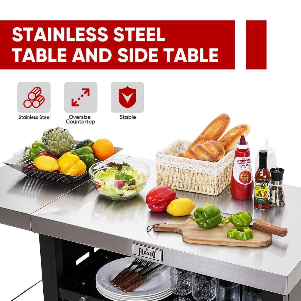 Black Stainless Steel Outdoor Kitchen Cart with Foldable Side Tables
