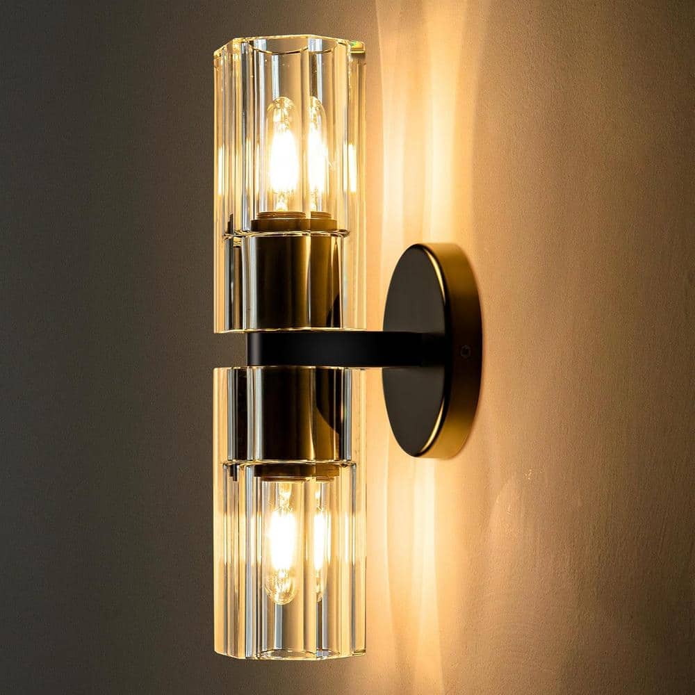 YUYI 13 in. 2 Light Black Wall Sconce with K9 Crystal Lampshade