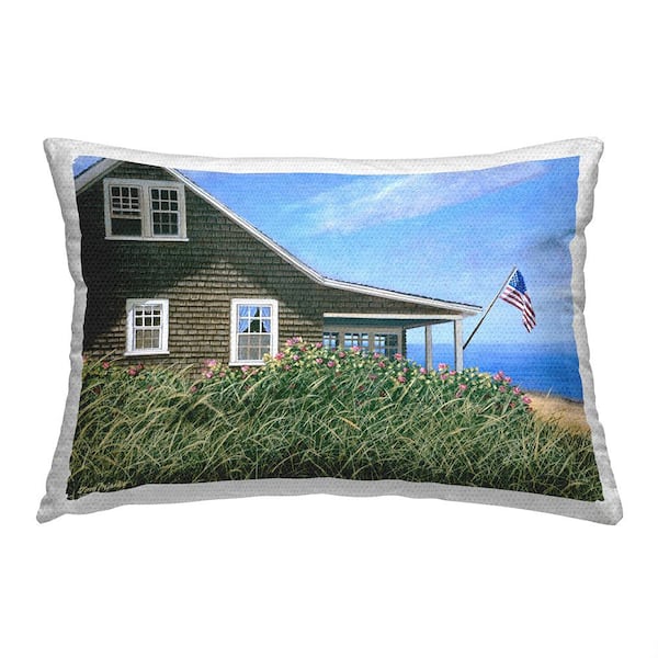 Stupell Industries Coastal House and Flag Green Rectangular Outdoor Throw Pillow