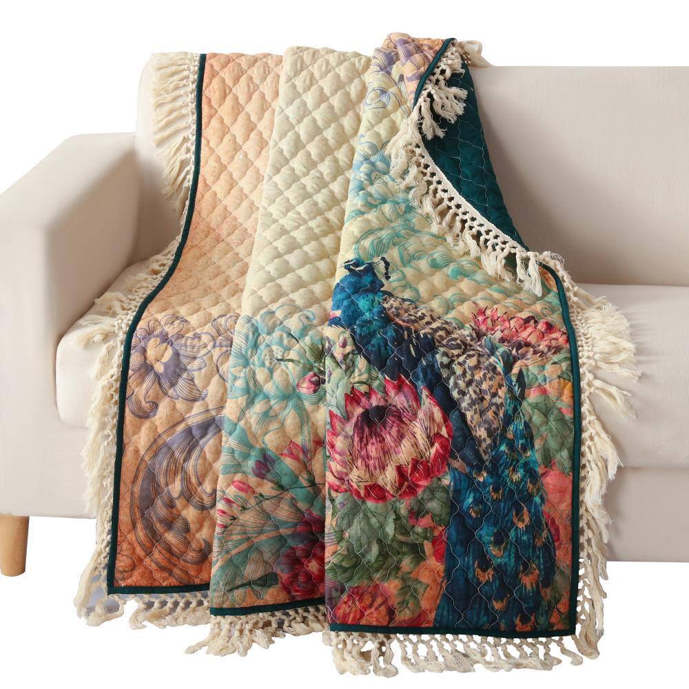 60" Multicolor Microfiber Peacock and Floral Reversible Throw Blanket