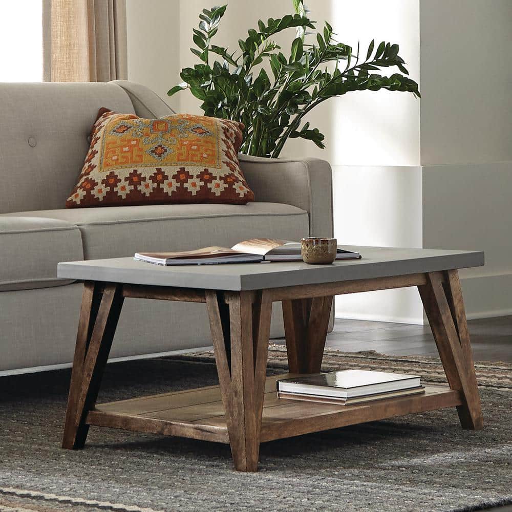Brookside Light Brown Wood Coffee Table with Concrete Top