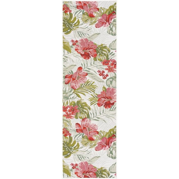 Tayse Rugs Stunning Cream 2 ft. x 8 ft. Floral Indoor/Outdoor Runner Rug