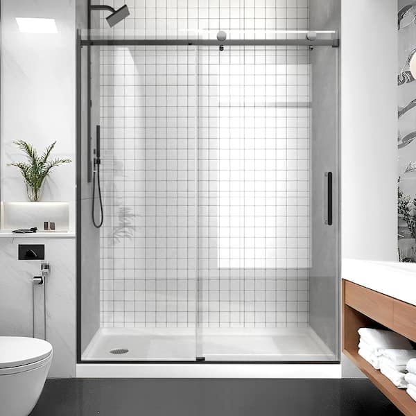 57 in. to 60 in. W x 75 in. H Sliding Frameless Shower Door in Matte Black Finish with Clear Glass