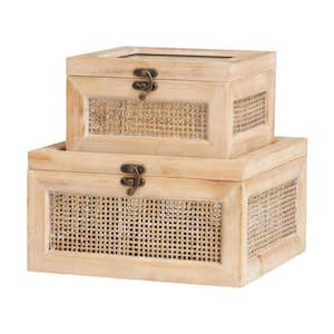 Rectangle Wood Glass Top Box with Rattan Side Panels and Bronze Hook Closures (Set of 2)