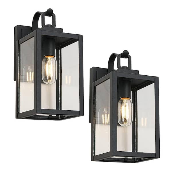1-Light Sand Texture Black Clear Glass Lantern Sconce Outdoor Hardwired Wall Lamp, Bulb Not Included (2-Pack)