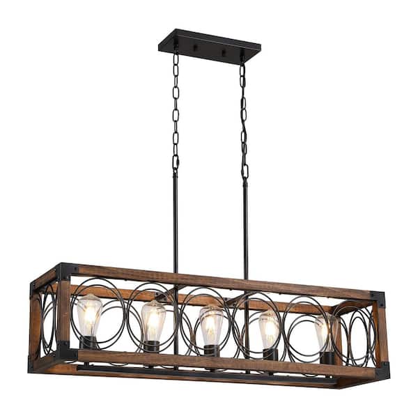 WDETR 35.4 in. 5-Light Black Rectangular Wood Cage Chandelier for