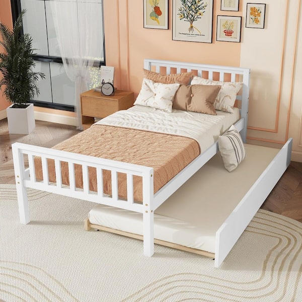 White Pine Frame Twin Platform Bed with Trundle for Bedroom and Living Space