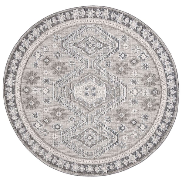 Global Light Gray/Dark Gray 7 ft. x 7 ft. Aztec Geometric Border Indoor/Outdoor Round Area Rug