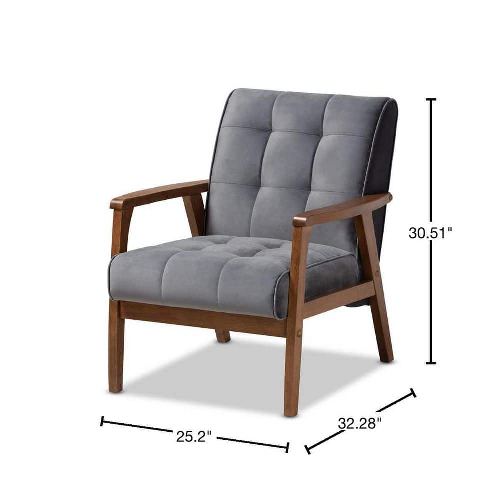 Mid-Century Modern Gray Velvet Accent Chair with Walnut Wood Frame