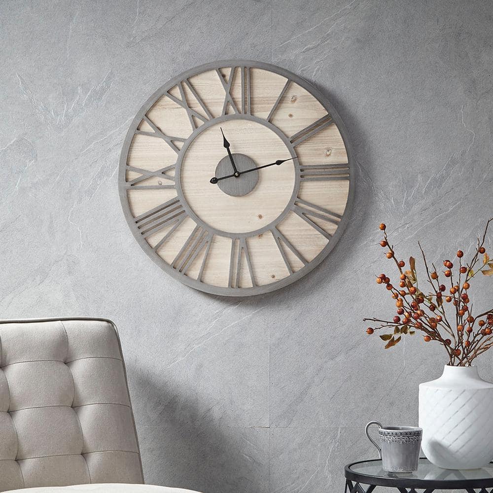 23.6 in Round Grey Metal Frame Wood Wall Clock, with Roman Numeral, Home De