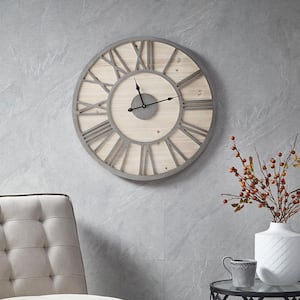 23.6 in Round Grey Metal Frame Wood Wall Clock, with Roman Numeral, Home Decor Accent Clock