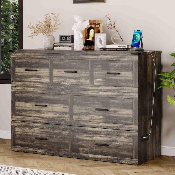 Gray Wood Frame Queen Size Murphy Bed with Charging Station and 1-Large Storage Drawer