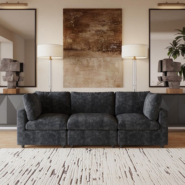 Magic Home Sofa Covers Washable, Lawson 101 in. Square Arm Chenille Modular Sofa Cloud Couch with Deep and Thick Cushion in Black