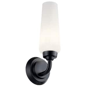 Truby 11.5 in. 1-Light Black Bathroom Indoor Wall Sconce Light with Satin Etched Cased Opal Glass