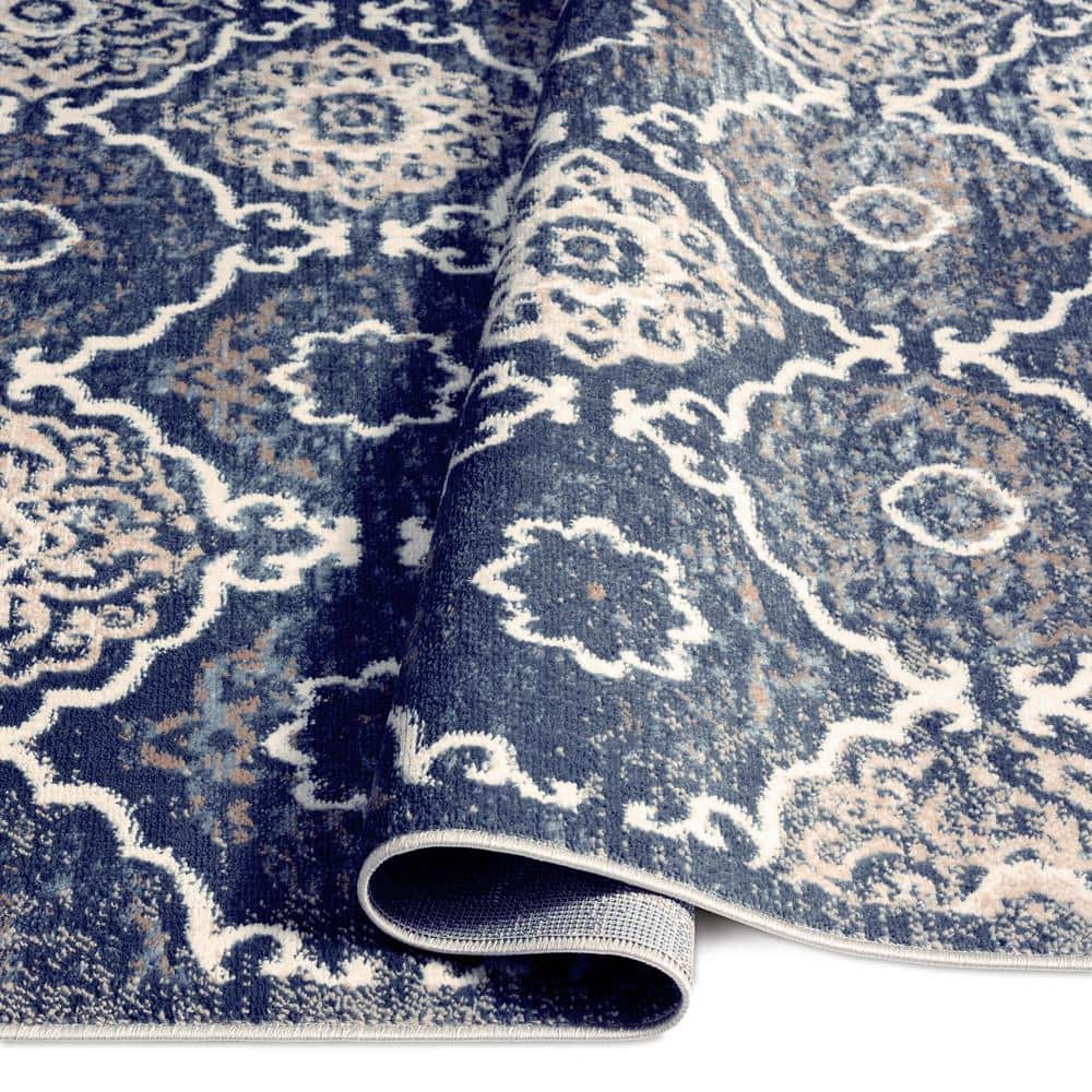 Ivory and Navy Blue Tufted Medallion Synthetic Area Rug, 5'2"x7'2"