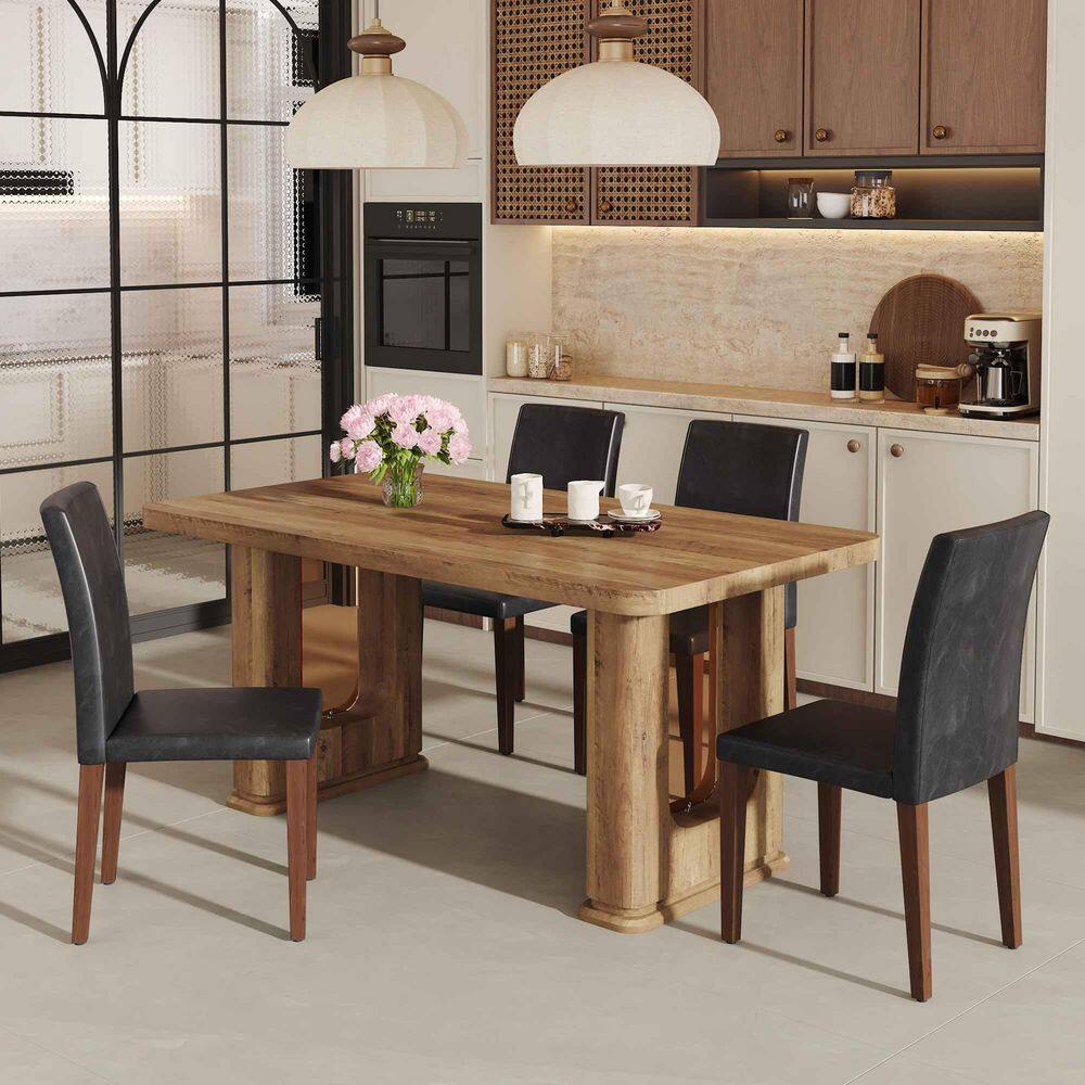5-Piece Rectangular Black / Dark Walnut/Wood Wood Top Dining Table Set Seats 4 with 4 PU Dining Chairs