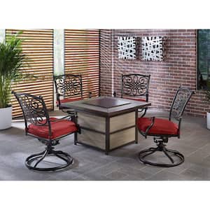 Traditions 5-Piece Aluminum Fire Pit Patio Seating Set with Autumn Berry Cushions, Swivel Rockers and Fire Pit Table