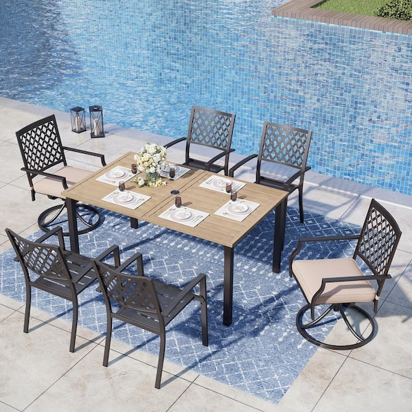 PHI VILLA 7-Piece Metal Outdoor Patio Dining Set with Brown Slat Table-Top and Elegant Swivel Chairs with Beige Cushions