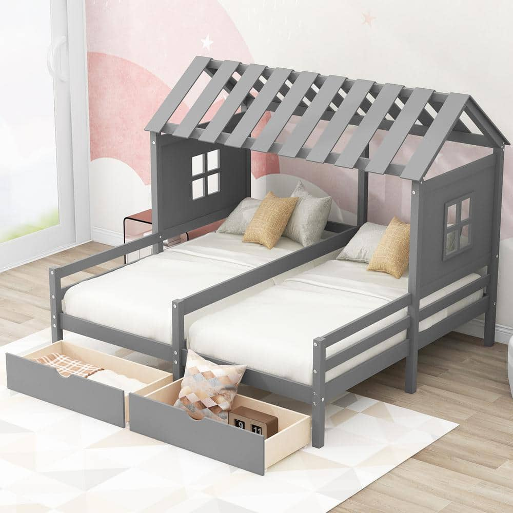 Harper & Bright Designs Gray Twin Size Wood Frame Combination Of 2 Side ...