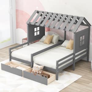 Gray Twin Size Wood Frame Combination of 2 Side by Side Platform Bed