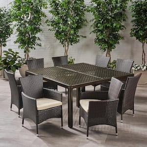 Bragdon Gloss Black 9-Piece Metal and Faux Rattan Square Table Patio Outdoor Dining Set with Beige Cushion