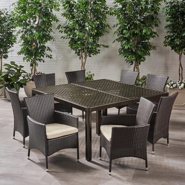 Noble House Bragdon Gloss Black 9-Piece Metal and Faux Rattan Square Table Outdoor Dining Set with Beige Cushion