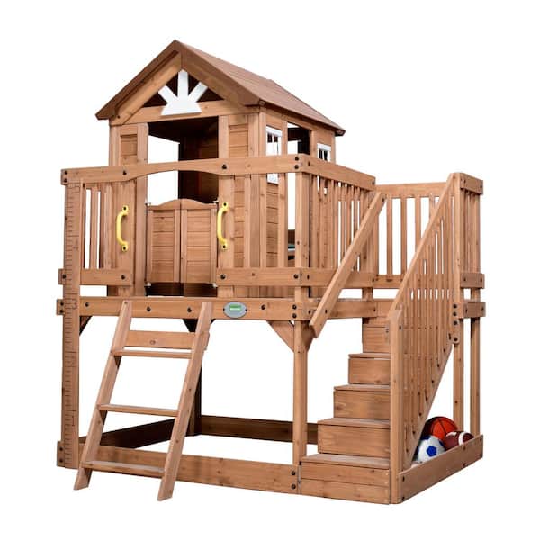 Backyard Discovery Scenic Heights Indoor Outdoor All Cedar Wooden Elevated Kids Playhouse w/ Clubhouse, Ladder, Staircase, and Play Kitchen