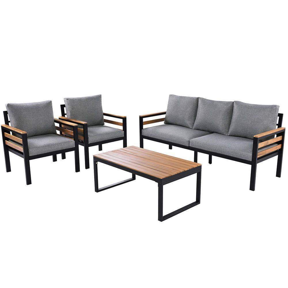 4-Piece Metal Patio Conversation Set 5 People Seating with Gray Removable C