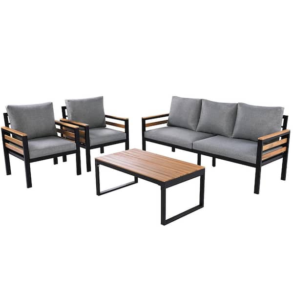 Unbranded 4-Piece Metal Patio Conversation Set 5 People Seating with Gray Removable Cushions and Solid Wood Coffee Table