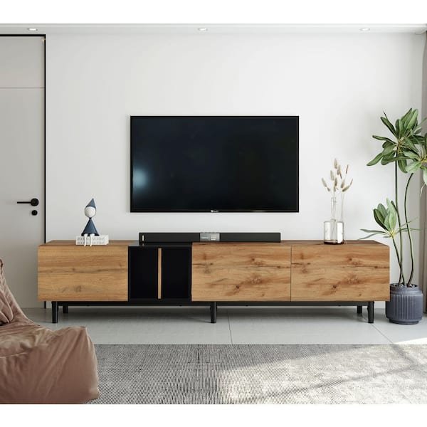 76.80 in. Natural Wood TV Stand Fits TVs up to 80 in. Entertainment Center with Open Shelving and Large Storage Cabinet
