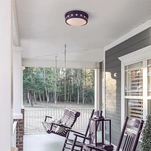Sedona 2-Light Oil Rubbed Bronze Outdoor Ceiling Flush Mount Light with Amber Glass Shade