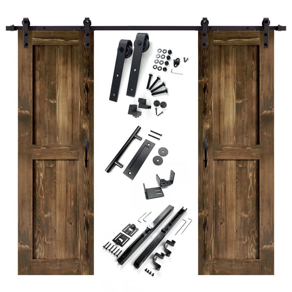 28 in. x 84 in. H-Frame Walnut Double Pine Wood Interior Sliding Barn Door with Hardware Kit Non-Bypass price history on PriceWatchPro