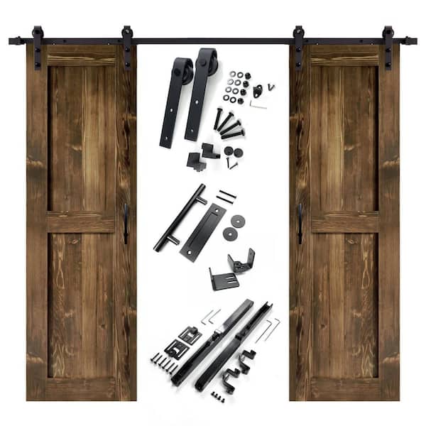 28 in. x 84 in. H-Frame Walnut Double Pine Wood Interior Sliding Barn Door with Hardware Kit Non-Bypass