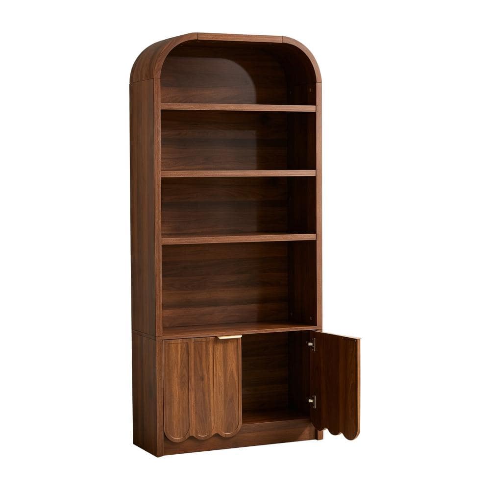 "Walnut  Arched Scalloped Panel Standard Bookcase, 71"" 4 Open Shelf Storage Bookshelf with Closed Cabinet for Home Office" price history on PriceWatchPro