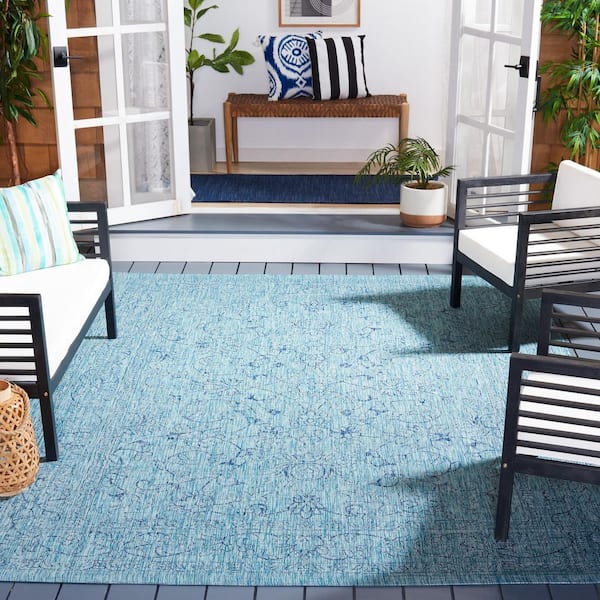 Courtyard Aqua/Navy 7 ft. x 7 ft. Border Floral Scroll Indoor/Outdoor Square Area Rug