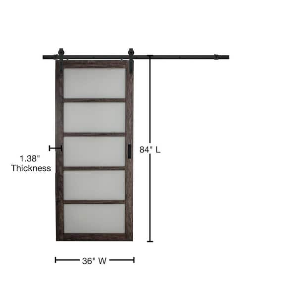 36 in. x 84 in. Iron Age Gray MDF Frosted Glass 1 Lite Design Sliding Barn Door with Rustic Hardware Kit 36 in. x 84 in. Iron Age Gray MDF Frosted Glass 1 Lite Design Sliding Barn Door with Rustic Hardware Kit