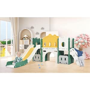 Green Outdoor/Indoor HDPE Kids Slide Playset Freestanding Castle Climber with Slide and Basketball Hoop