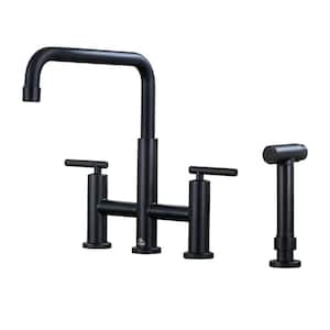 Double Handle Bridge Kitchen Faucet with Pull-Out Side Sprayer in Matte Black