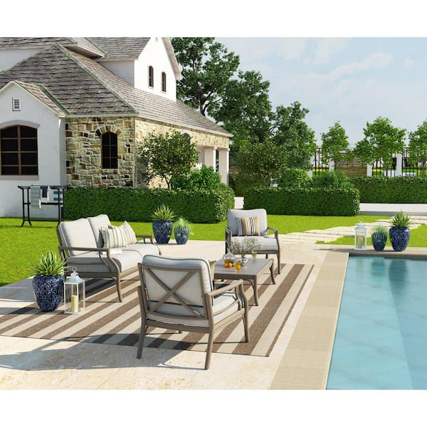 PEAK HOME FURNISHINGS Lamando 4-Piece Aluminum Patio Outdoor Conversation Set with Light Mixed Gray Cushions Loveseat