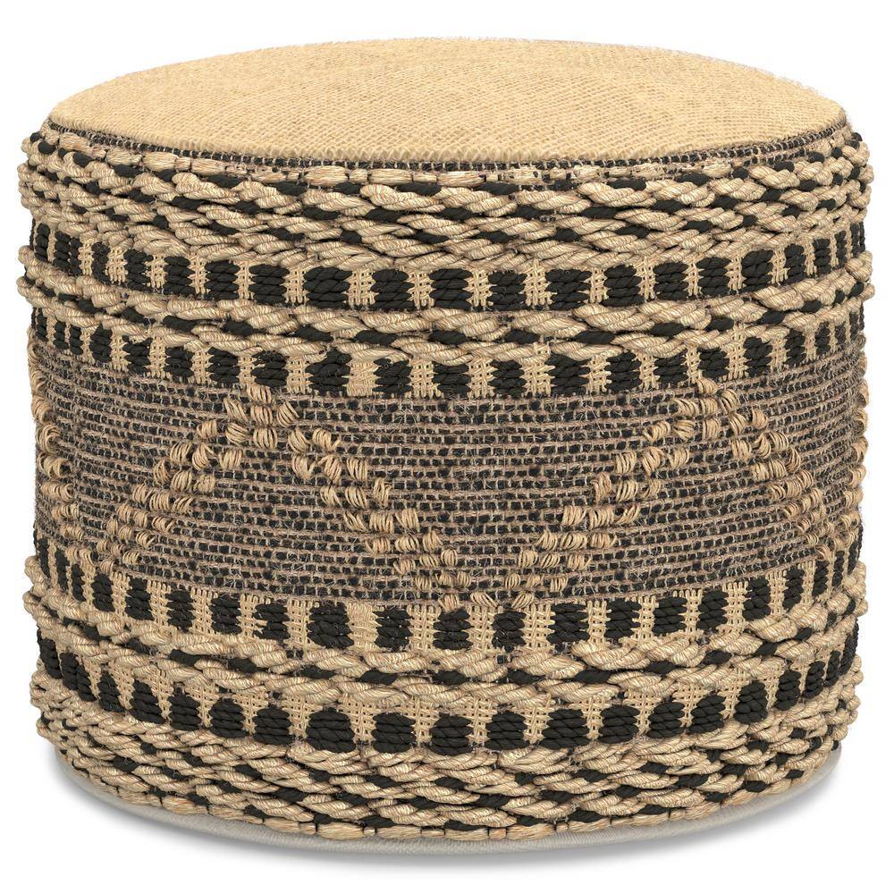 Stella Round Black and Natural Jute Woven Pouf