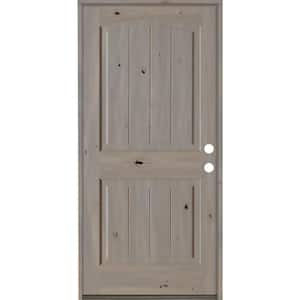 30 in. x 80 in. Rustic Knotty Alder 2-Panel Arch Top V-Groove Left-Hand/Inswing Grey Stain Wood Prehung Front Door