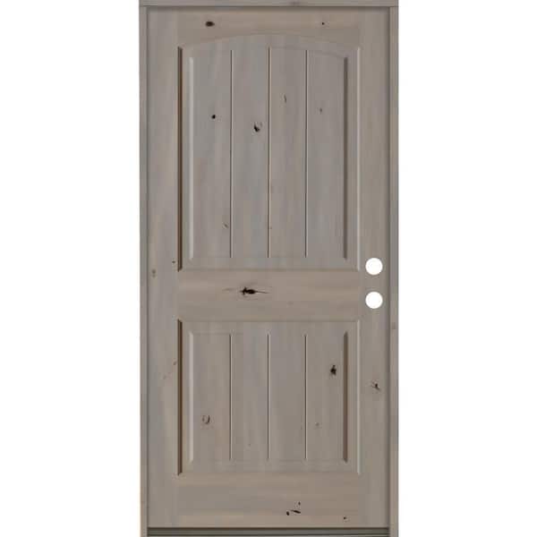 Krosswood Doors 30 in. x 80 in. Rustic Knotty Alder 2-Panel Arch Top V-Groove Left-Hand/Inswing Grey Stain Wood Prehung Front Door