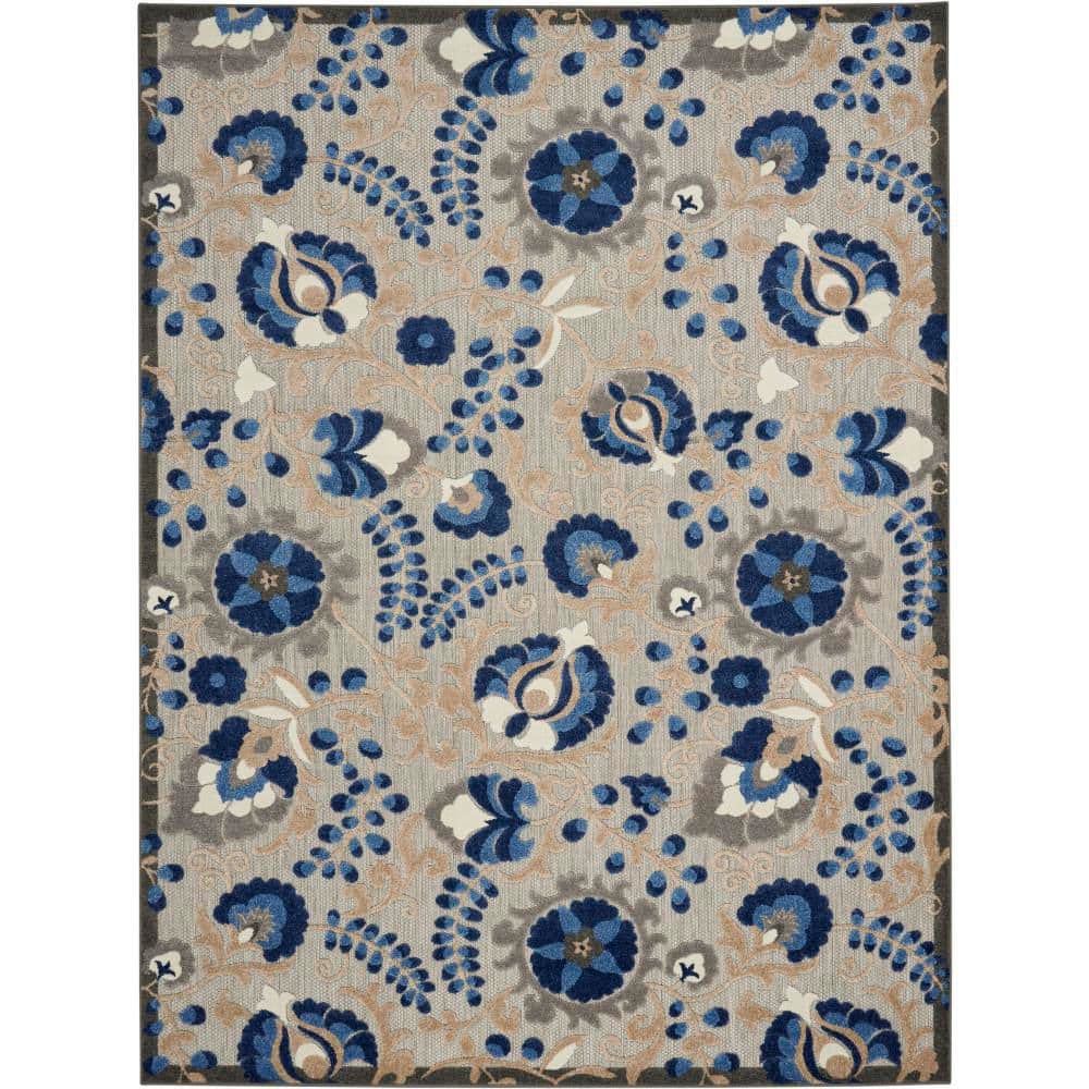 Nourison Aloha Blue 8 ft. x 11 ft. Floral Modern Indoor/Outdoor Patio ...