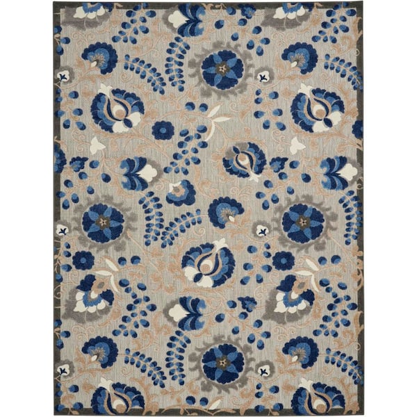 Aloha Blue 8 ft. x 11 ft. Floral Modern Indoor/Outdoor Patio Area Rug