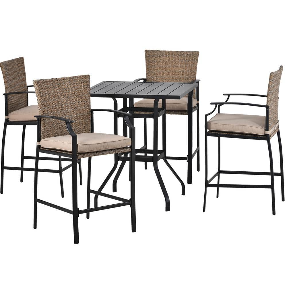 Black 5-Piece PE Wicker Counter Height Outdoor Dining Set with 4 Dining Cha