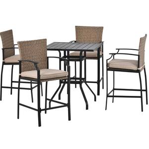 Black 5-Piece PE Wicker Counter Height Outdoor Dining Set with 4 Dining Chairs and Brown Cushions
