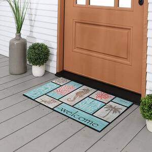Addison Welcome Coral Azul 18 in. x 30 in. Recycled Rubber Door Mat